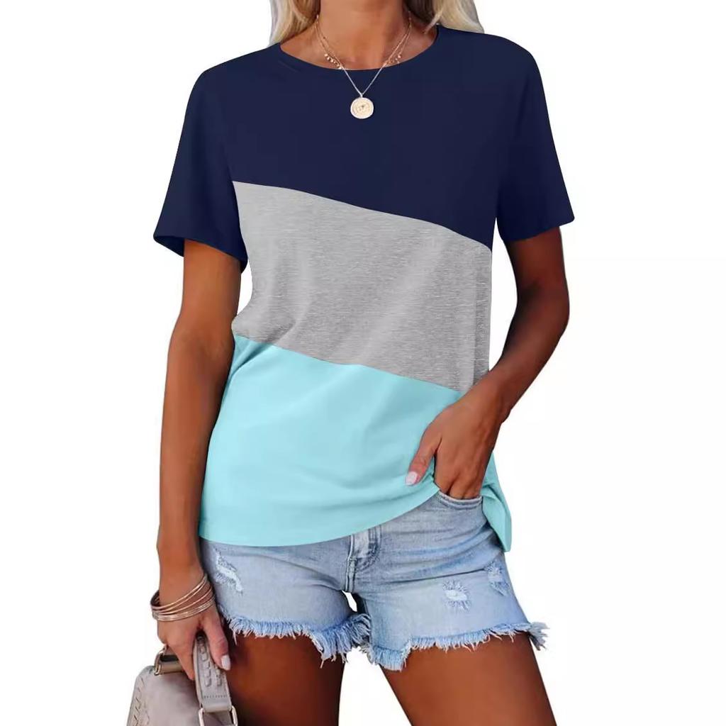 Women's Summer Color Matching Top Casual Short Sleeve Crew Neck T-Shirt