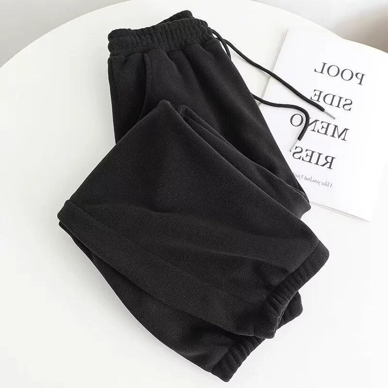 

Брюки из полар-флиса мужские с высокой посадкой, утолщенные, универсальные, с манжетами на щиколотках, свободные, однотонные, на шнурке, повседневные брюки гаремного типа S чёрный