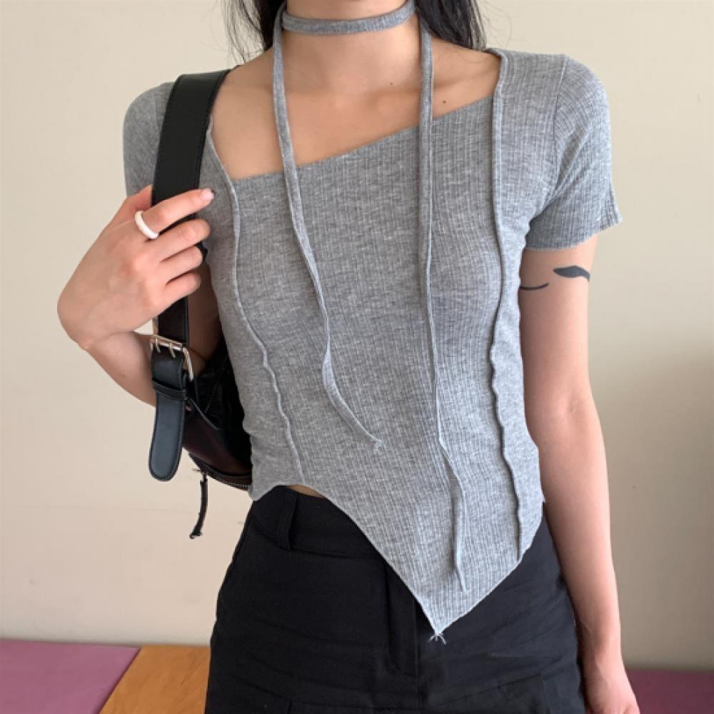 New Arrivals Open Run Women Unbalanced Slim FiT ShorT Sleeve T shirT Neck sTring