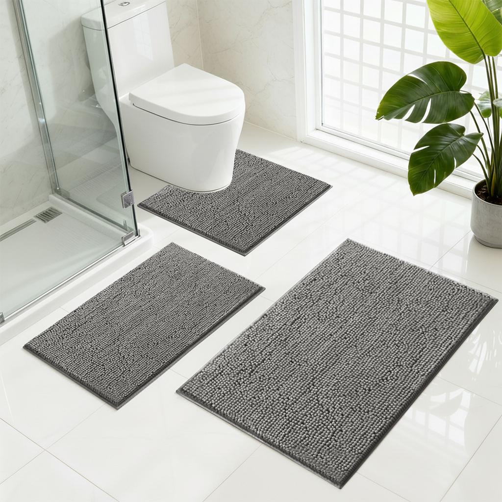 Set of 3 Bathroom Rug Bath Mats for Bathroom Floor Super Thick Soft Shaggy Chenille Bath Mats Dry Fast Water Absorbent Bath Mats