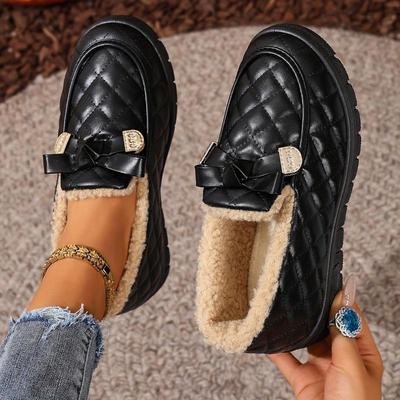 Women's Thermal Winter Faux Cover-like Synthetic Faux Pasley-Toe Loafers - Slip-Resistant PVC Sole Thermal Boots with Golden Buckle