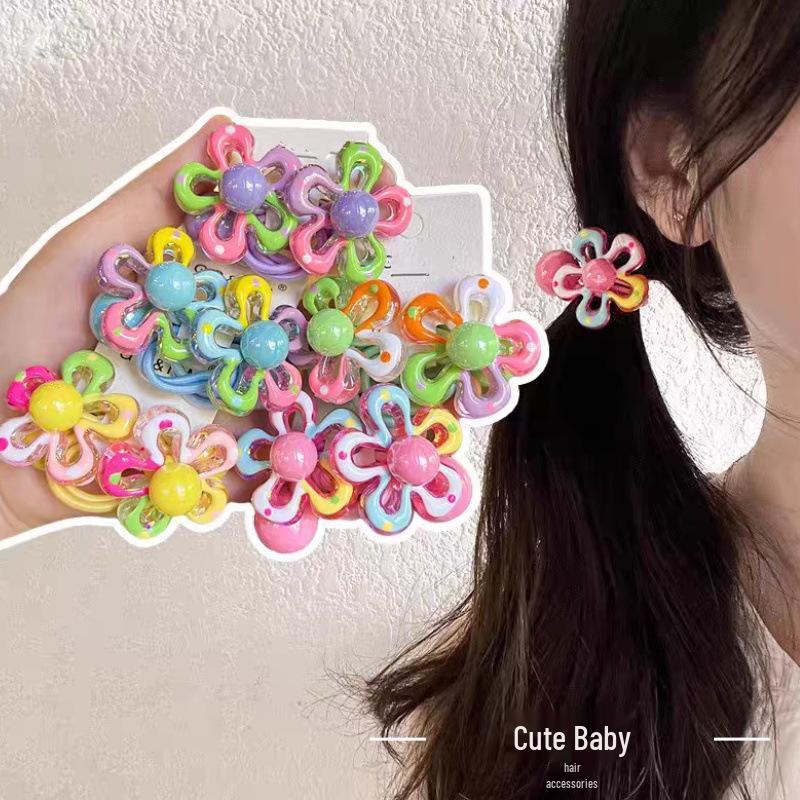 Attache de cheveux Princesse Fleur de Dessin Animé Coréen avec Perles Colorées - Accessoire de Cheveux Élastique Mignon pour Enfants