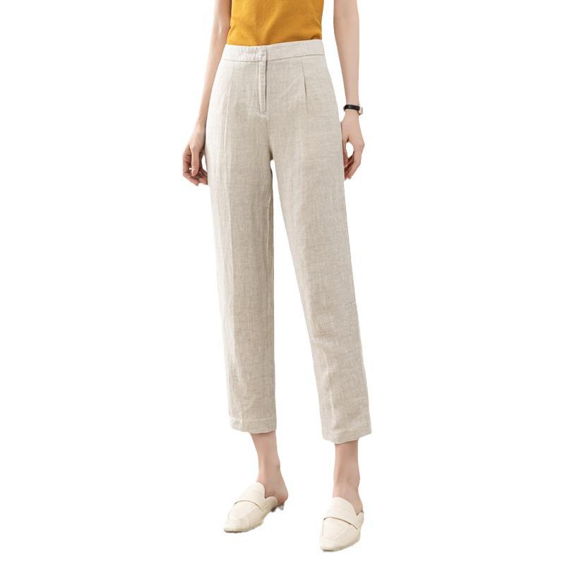 Women's High-Waist Cotton Linen Cigarette Pants - Summer 2025, Petite Eight-Point Casual, Straight Leg