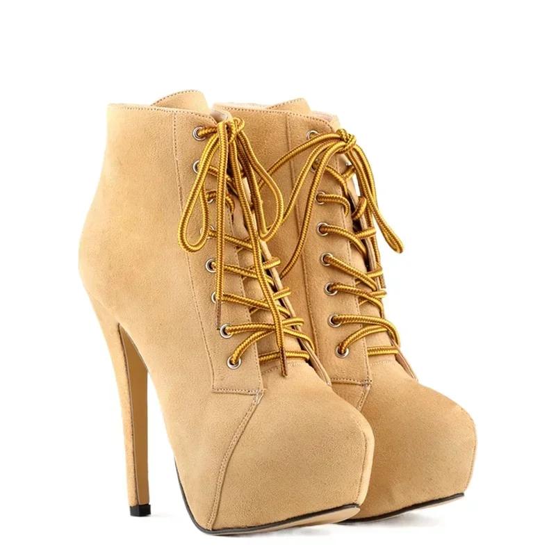 Women Boots Stiletto Autumn Winter Fashion 14cm Sexy Platform Round Toe High Heels Pumps Lace-Up Ankle Flock Shoes Large Size 43