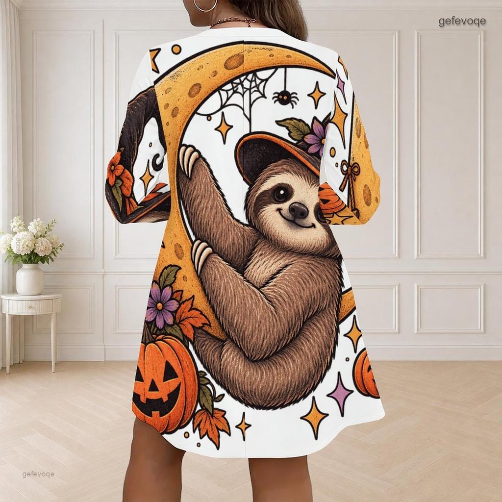 Women Plus Size V Neck Long Sleeve Halloween Sloth Printed Loose Curved Hem Dress