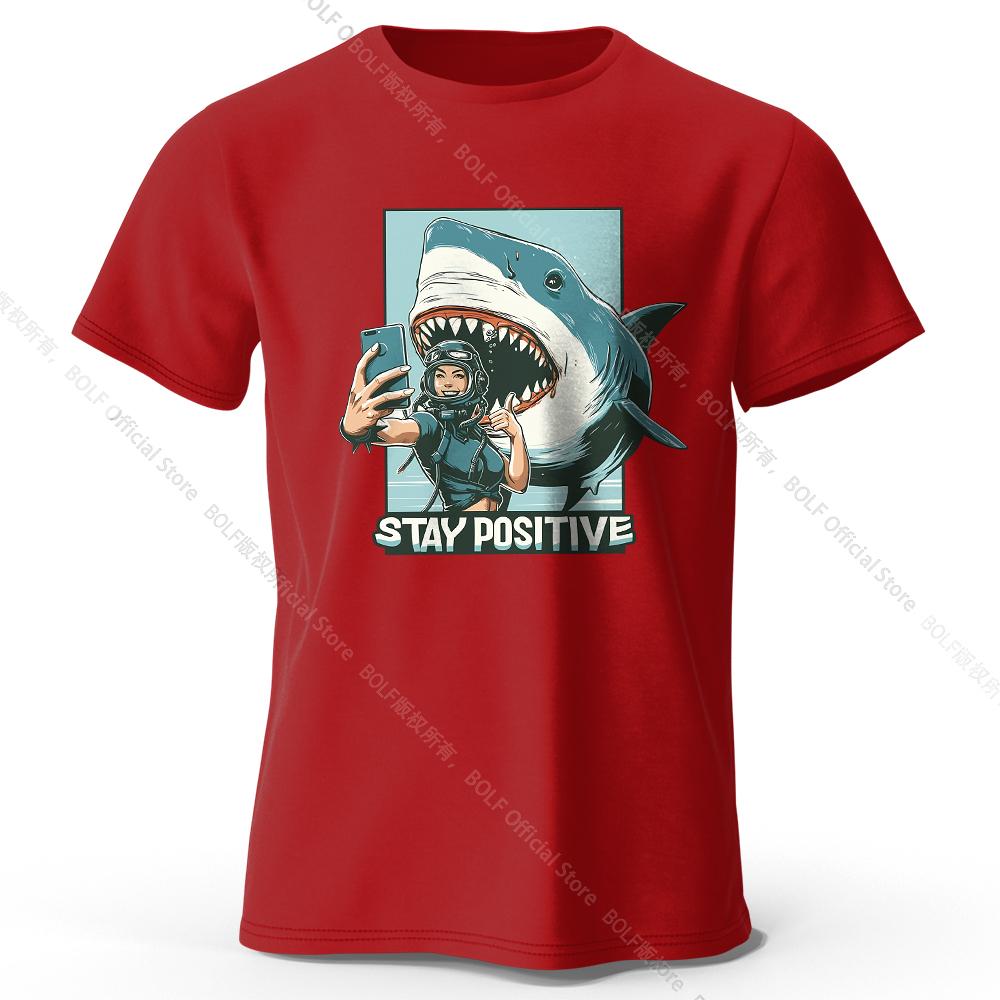 

Мужская футболка Stay Positive Shark Printed T-Shirt 100% хлопок Большие вдохновляющие графические футболки для женщин Летние топы XXXL вино красного