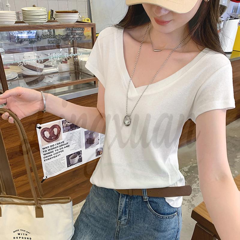 French Slim V-Neck Short-Sleeve White T-Shirt for Women - Summer 2026 New Arrival