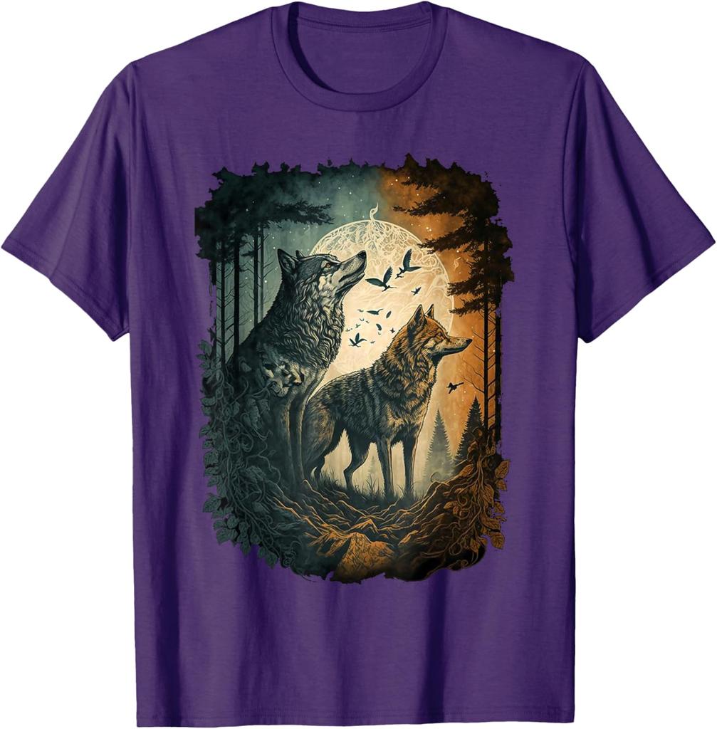 Wolf Howling Moon Forest Graphic Tee Men Women Casual Cotton Crew Neck T-Shirt Spring Autumn