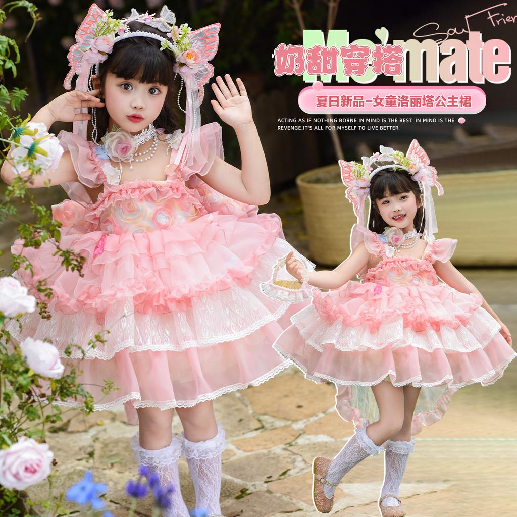 Girl Lolita Princess Dress Summer Lace Children's Super Fairy Flower Fairy Pink Dress Puff Skirt Dress