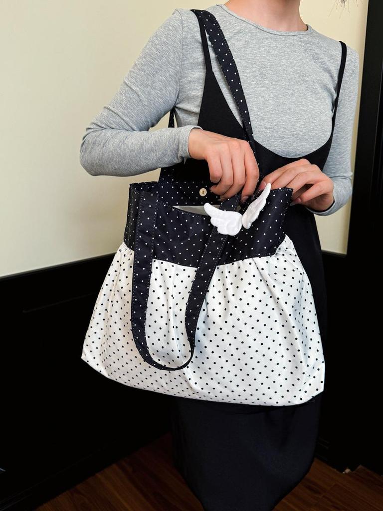 Korean Polka Dot Pleated Canvas Tote Bag - Women's Summer Sweet Style, Single Shoulder, Large Capacity