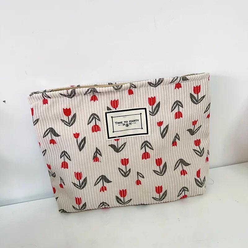 Women Corduroy Flower Handbag Cosmetic Makeup Bag Cases for Girls Portable Travel Storage Bag Zipper Wash Pouch Purse Organizer