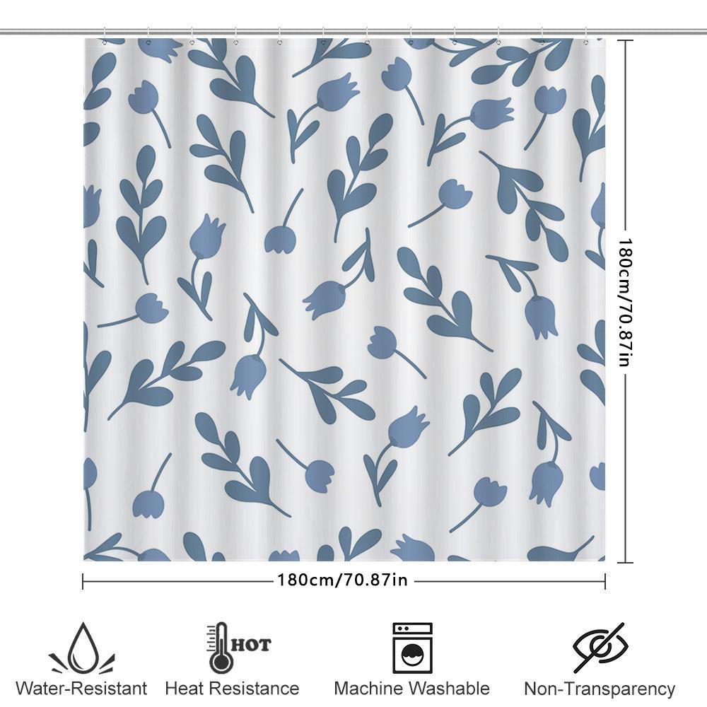 Rideau de Douche Floral Bleu Tissu Blanc Impression Serviette de Bain, Décoration d'Intérieur Rideaux de Douche Imperméables avec Anneaux Ensemble pour Salle de Bain D