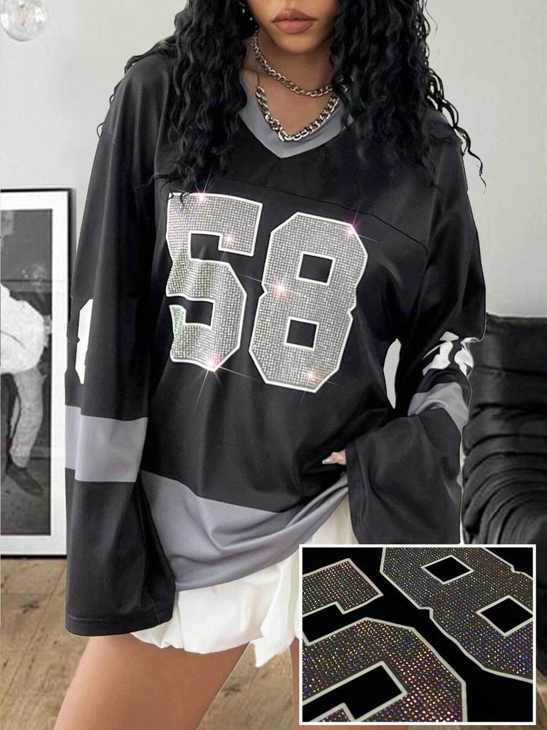 T-shirt Grafica da Donna con Scollo a V, Manica Lunga, Vestibilità Larga, Stampa Numero Lettera, Tunica Larga, Streetwear, Vintage Americano, Camicia Casual