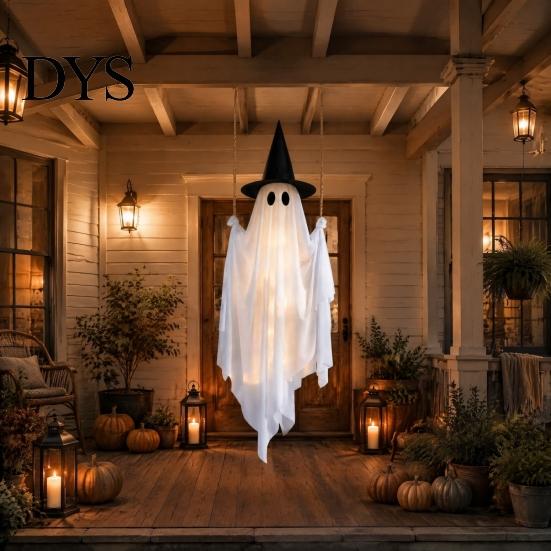 Glowing Halloween Atmosphere Prop Hanging Swing Ghost Decoration with Witch Hat, Spooky Outdoor Decor Flexible Fabric for Display String Light