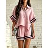 Damen Gestreiftes Poloshirt mit Besatz 2-teiliges Outfit Lockere Freizeitshorts Sommer Loungewear Set