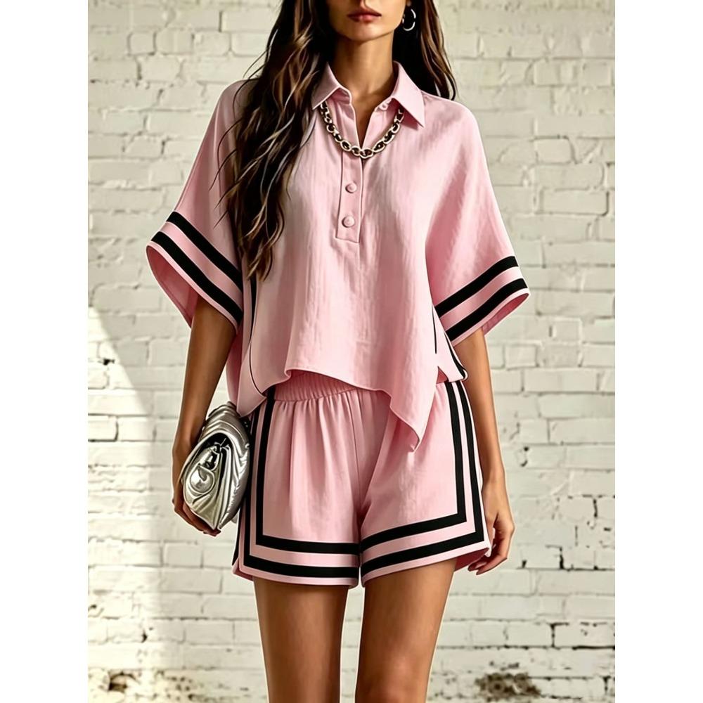 Damen Gestreiftes Poloshirt mit Besatz 2-teiliges Outfit Lockere Freizeitshorts Sommer Loungewear Set