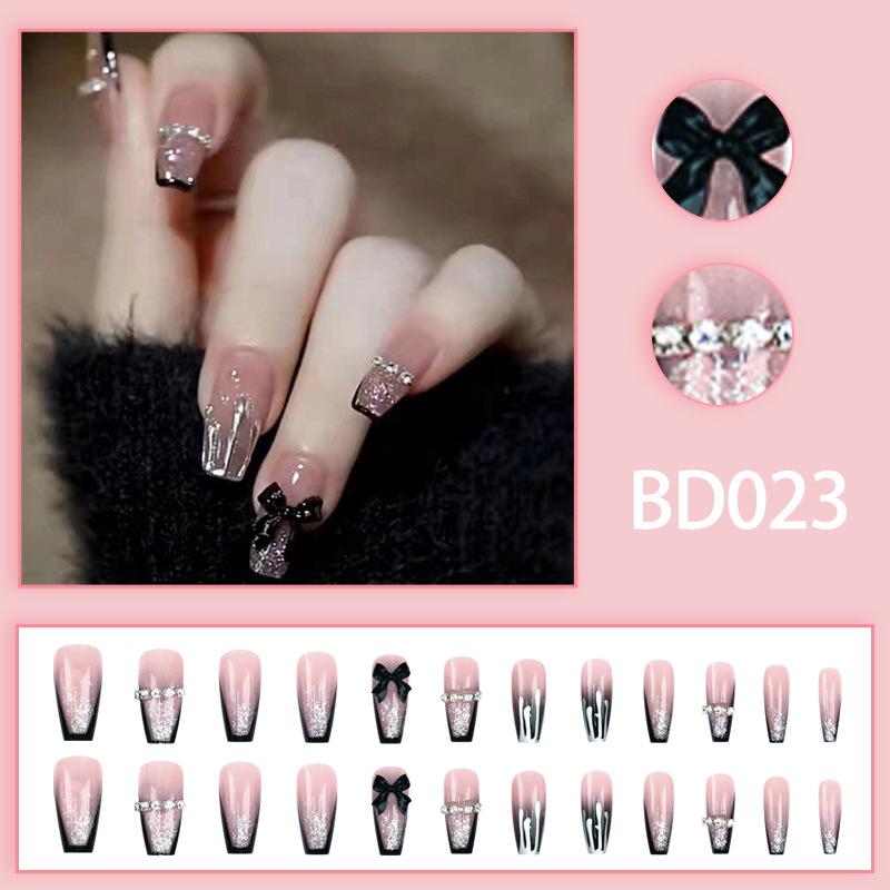 24 Pieces  style black French bow diamond model flash glitter water drop pattern white fake nails wear armor