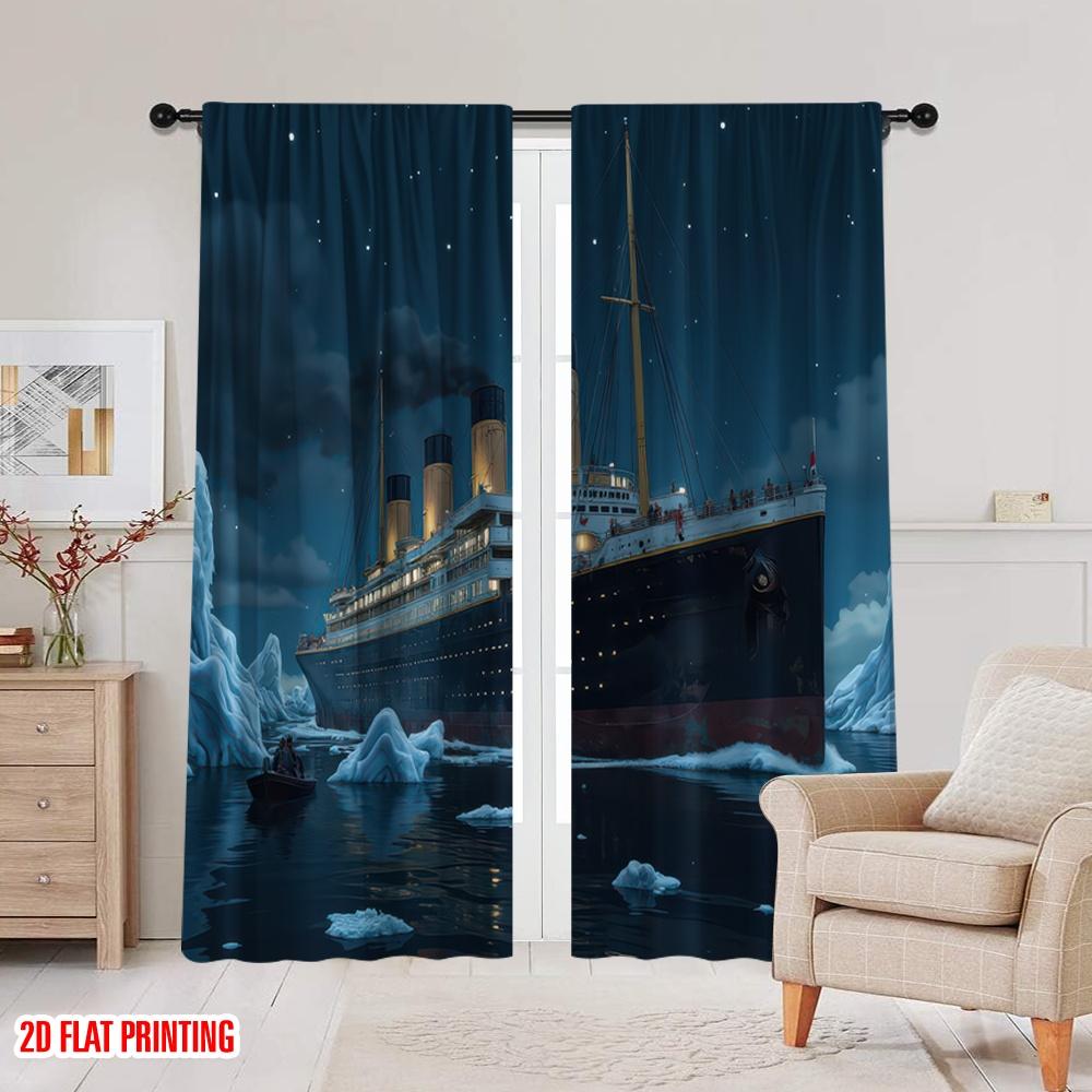 2D Flat Printing 2pcs Party Curtains Shipwreck 100% Polyester,Without Electricity Summer Party Decorations Perfect for Hotel