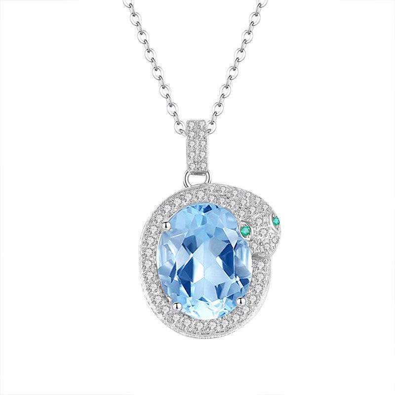 Women's 925 Sterling Silver Oval Necklace, Pave Setting Natural Topaz Crystal Pendant, Elegant Luxury Jewelry