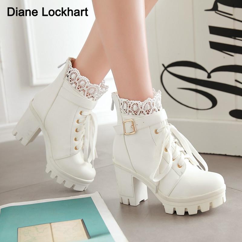 Fashion Winter New High-heeled Coarse Heel Platform Marton Boots Frenulum Waterproof Thick Bottom White Women Boots Zapatos De Mujer 33