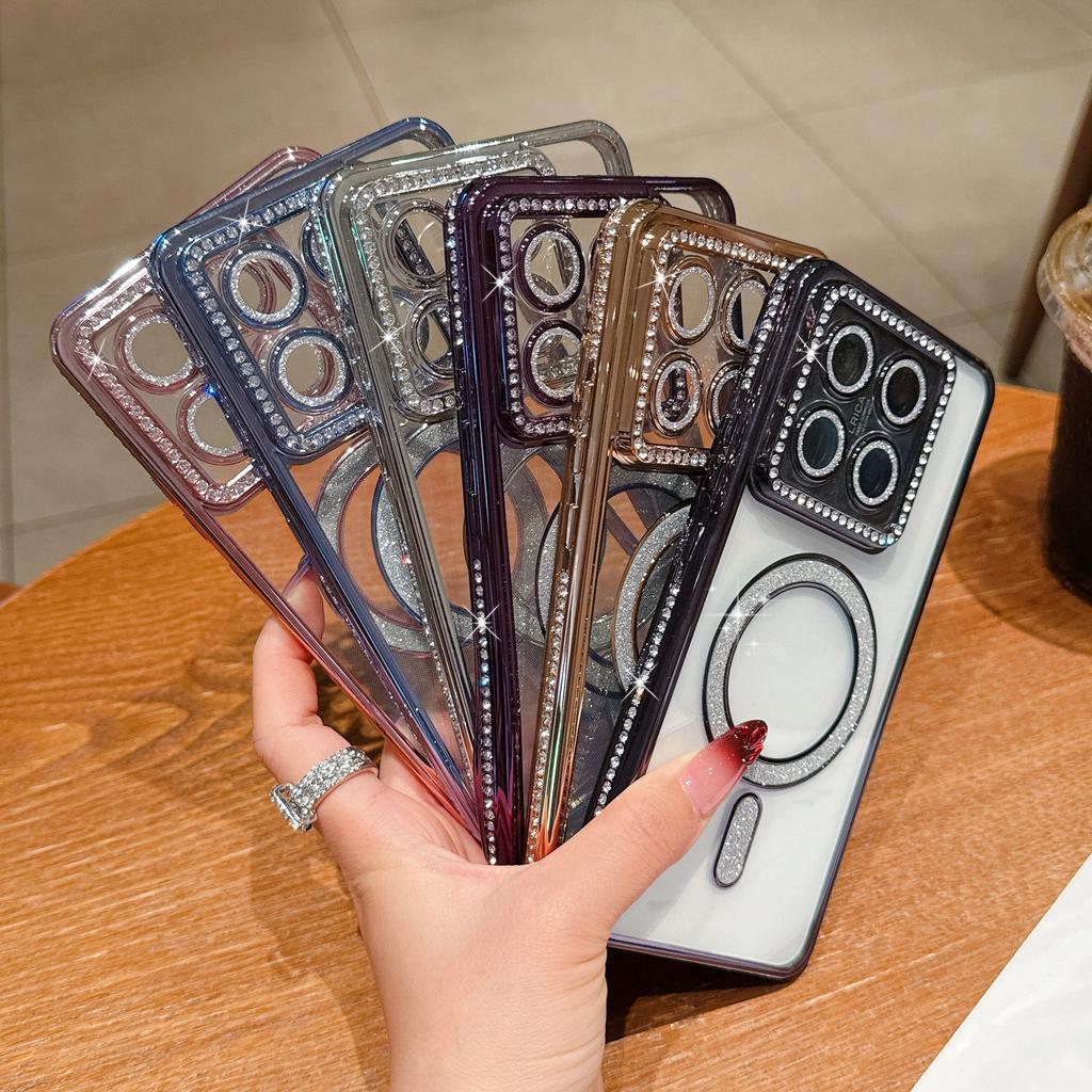Glitter Diamond Transparent Plating Magnetic Case For Xiaomi 14T Redmi Note 14 Pro Plus For Magsafe Wireless Charge Bumper Cover