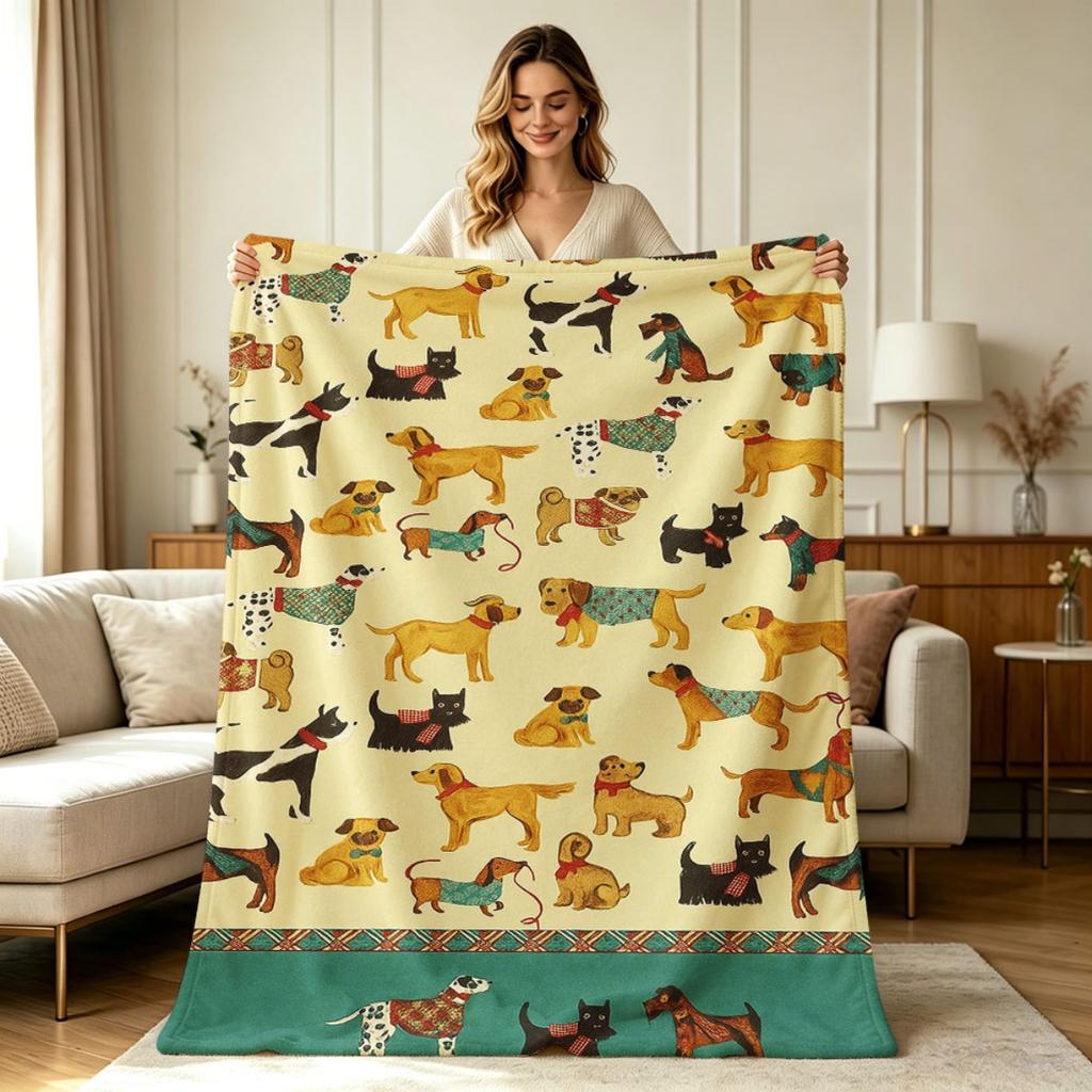 Cozy Flannel Throw Blanket with Cute Dog Pattern All Season Warm Soft Lightweight Blanket for Sofa Couch Chair Bedroom Office Living Room Home Decorat