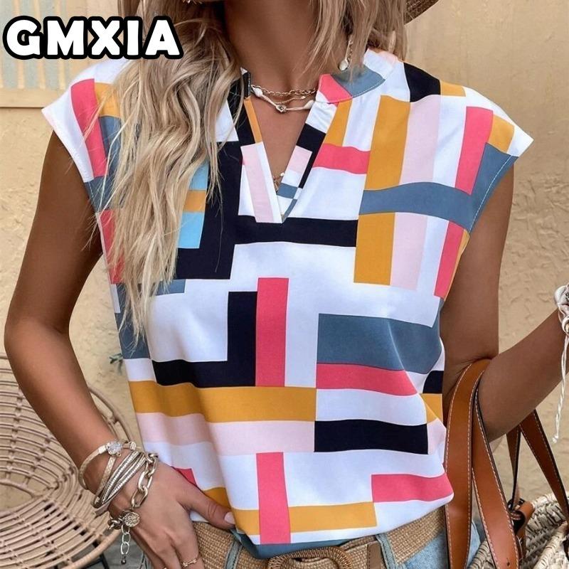 GMXIA Women's Fashion Casual Leisure Short Sleeve V Neck Blouses & Shirts