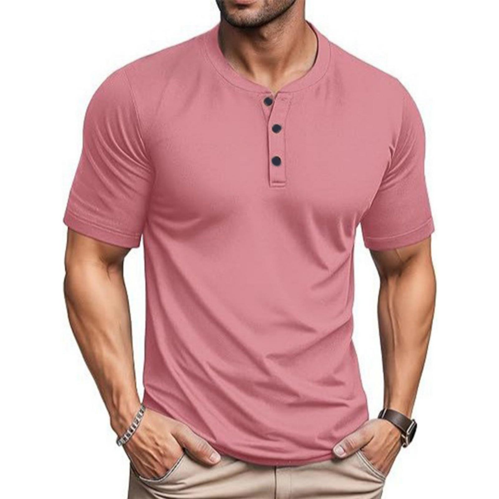 

New Men s Neck Button Short Sleeve T-shirt, Multiple Colors, Plus Size XL рожевий