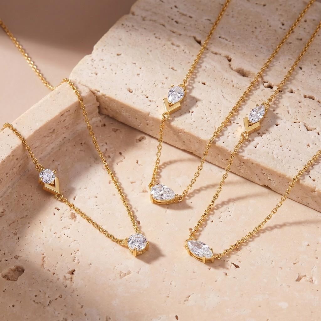 Geometric Vshaped Double Diamond Pendant Necklace With 18k Gold Plating For Womens Casual Wear