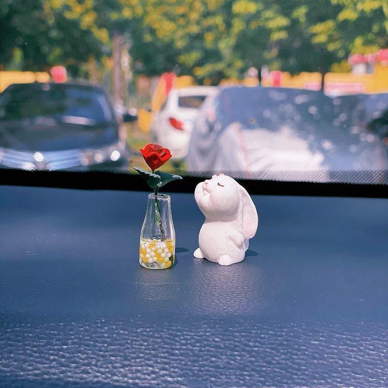 Cute Car Interior Decoration 2Pcs Rabbit Flower Vase Ornament Non-slip Center Console Decor for Drivers