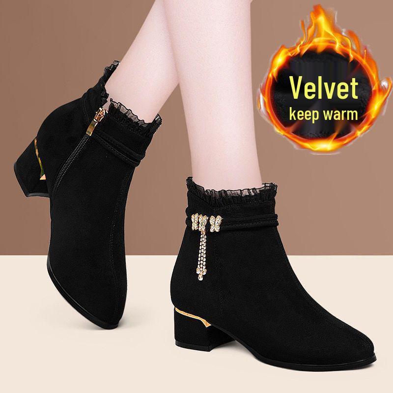 Damskor, Frostad Läder, Rund Tå, Tjock Klack, Ankelboots - Plus Sammet Varma