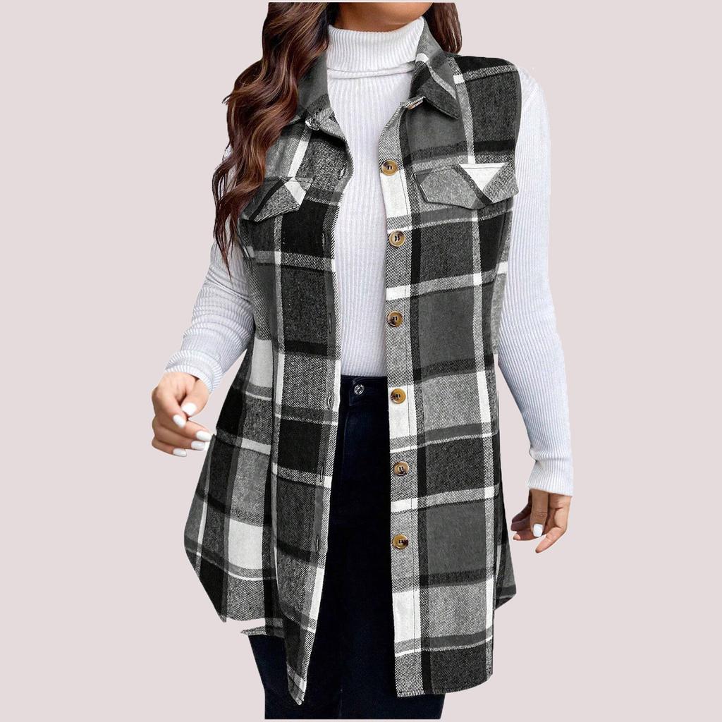 Women's Fashion Plus Size Brushed Plaid Collar Mid-Length Sleeveless Vest Jacket