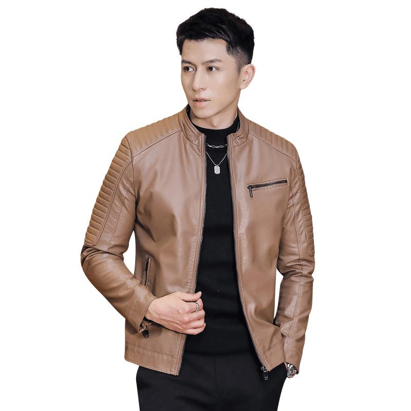 Men's coat trend slim fit versatile spring and autumn new pu leather jacket stand-up collar locomotive jacket men's top coat men's