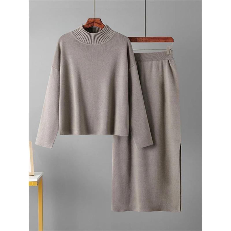

Fashion Autumn Sweater Two Pieces Suits Women Loose Warm Pullovers+Split Long Skirt 2026 Winter Casual Knitted Sets XL коричневий