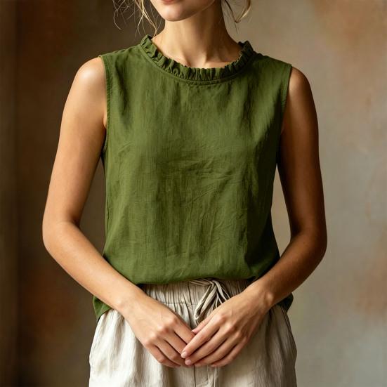 Damen Shirt Locker Geschnitten Ärmellos Rundhals Rüschenbesatz Lässige Oberteile Einfarbige Sommer Tanktops Tägliche Kleidung