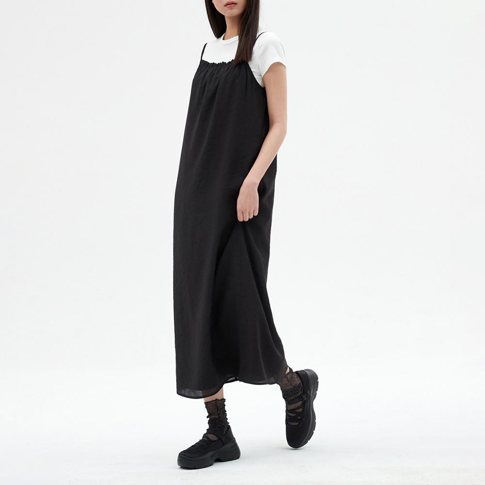 Elssibeui Shirring Sleeveless Dress_Black