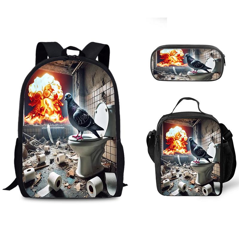 Luxus Beliebt Lustig Neuheit Taube auf Toilette 3D Druck 3Stück/Set Schüler Schultaschen Laptop Tagesrucksack Rucksack Lunchtasche Federmäppchen