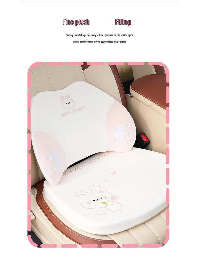 Car Headrest Neck Support Pillow Pair, Cute Bear & Rabbit Memory Foam Plush Lumbar Support Backrest.