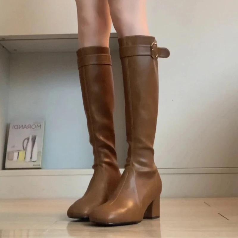 Winter Stretch Slim Women Knee High Boots Fashion Square Toe Belt Buckle Shoes Ladies Thick Heel Knight Long Booties