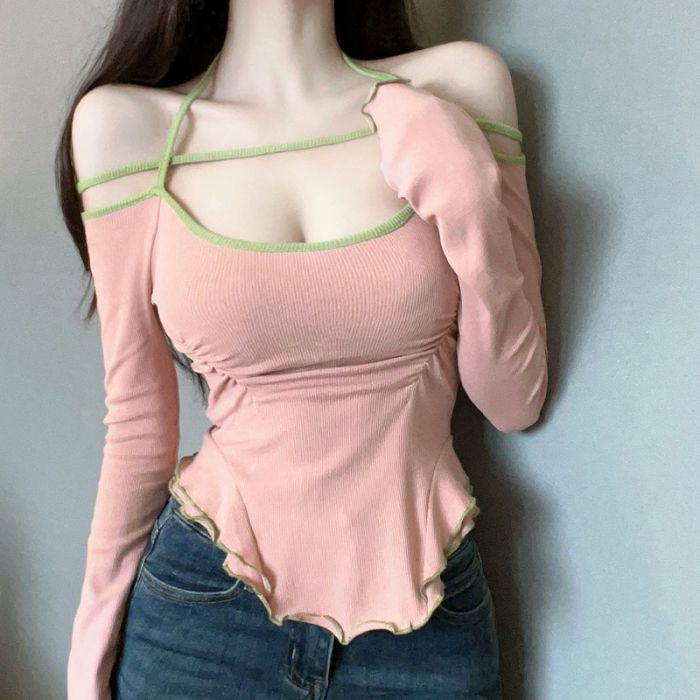 

Соблазнительная футболка с открытыми плечами и халтер-вырезом для женщин – Новый сладко-острый дизайн Large розовый