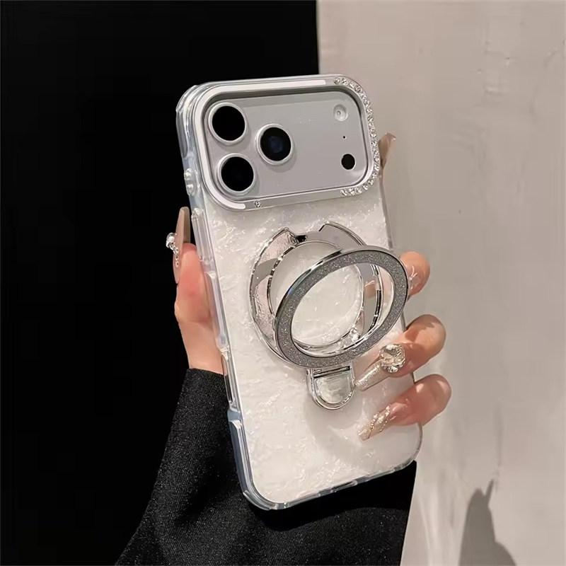Luxury Glitter Magnetic Shockproof Case for iPhone 17 16 15 14 13 Pro Max Plus Bracket Stand Diamond Camera Frame Glossy Cover