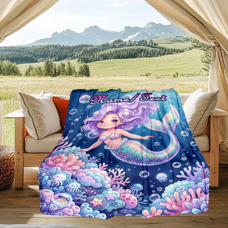 1PC Custom Name Mermaid Fantasy Underwater World outdooor Flannel blankets Throw Blanket All-Season Throw Gift Bedspread for Couch, Bed, Camping Holid