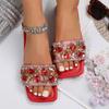 Fashion Summer Rhinestone Slippers Street Blue Leather Square Toe Flat Sandals Luxury Waterproof Outdoor Slippers Women Slippers Sandals