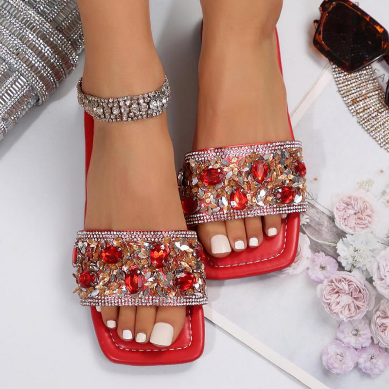 Fashion Summer Rhinestone Slippers Street Blue Leather Square Toe Flat Sandals Luxury Waterproof Outdoor Slippers Women Slippers Sandals
