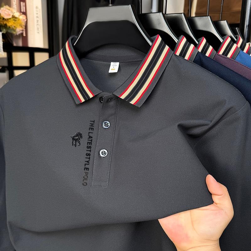 

Men s Color Contrast Lapel Polo Shirt Autumn Arrival Exquisite Print Long Sleeve T-Shirt Top Business Men swear M серый