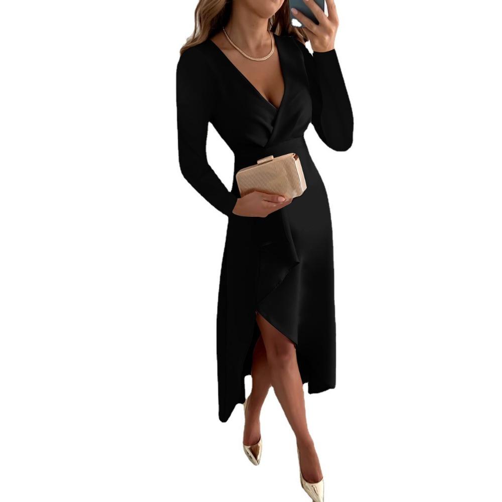 BITCED Rochie de toamnă, cu mâneci lungi, cu decolteu în V, cu tiv pliat, cu desfășurare