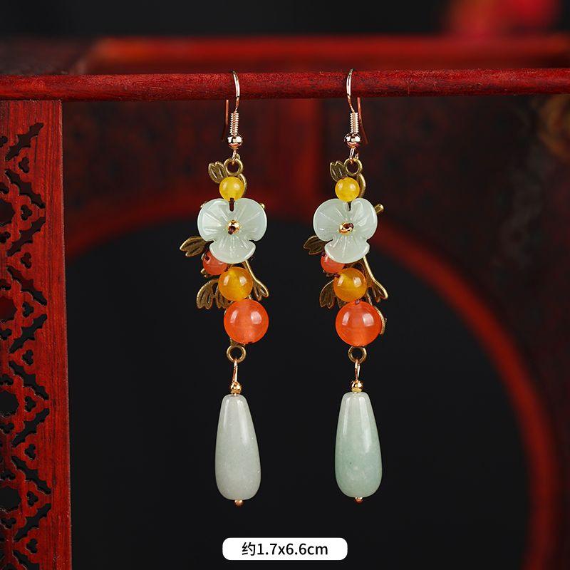 Antique earrings women's versatile temperament agate pearl long earrings retro jade fringed earrings