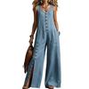 Women Button Down Jumpsuits, Sleeveless Crew Neck Casual Wide Leg Rompers, Summer Loose Overall with Pockets