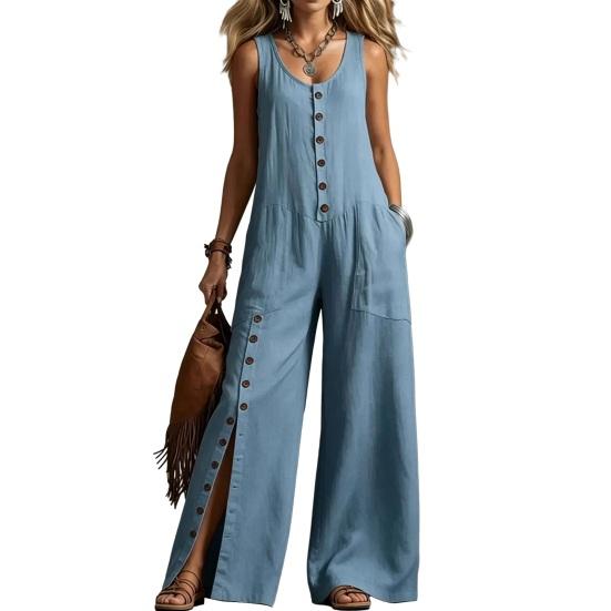 Women Button Down Jumpsuits, Sleeveless Crew Neck Casual Wide Leg Rompers, Summer Loose Overall with Pockets