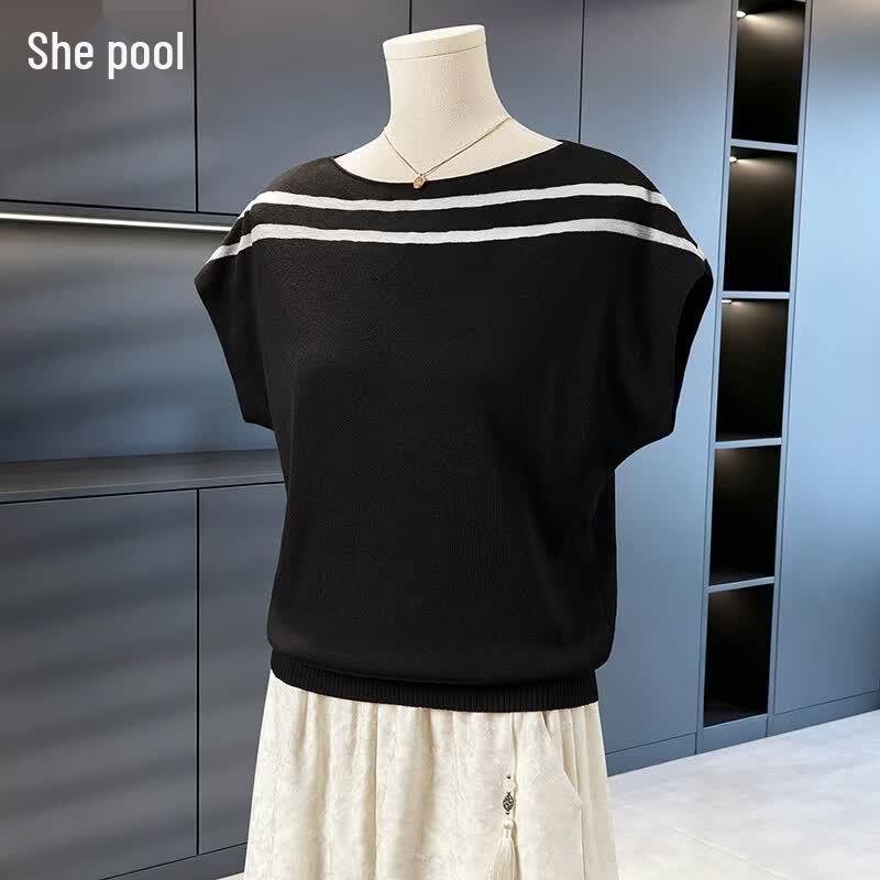 Ta Chi Women s Lyocell Off-Shoulder Knitted T-Shirt with Mesh Color Block One Size чёрный